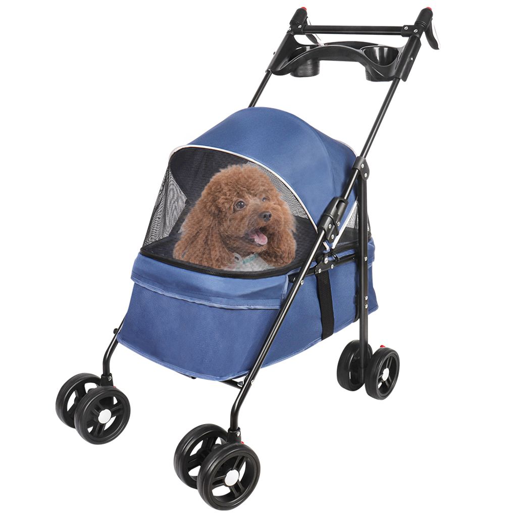 Klappbar Hundewagen Haustiere Buggy, bis 15 kg, Hundetrolley Hundebuggy mit Getränkehalter,Travel Haustier Katzenwagen für kleine Hunde,Katzen(Blau)