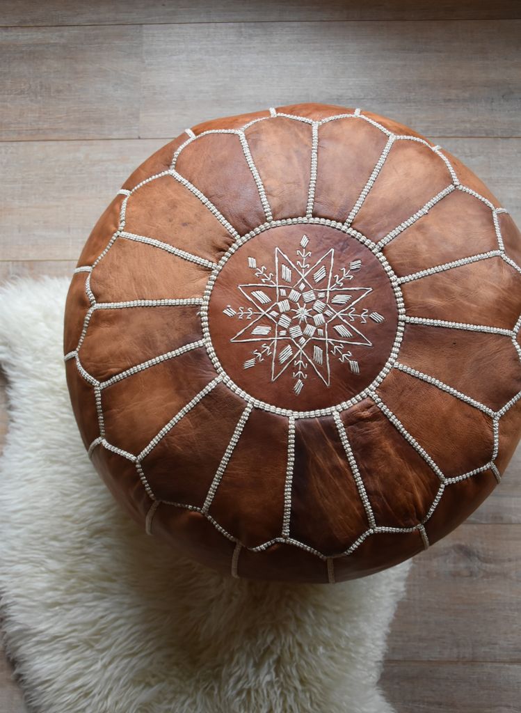Marokkanischer Echtleder Pouf - Cognac braun - Produktbild 5