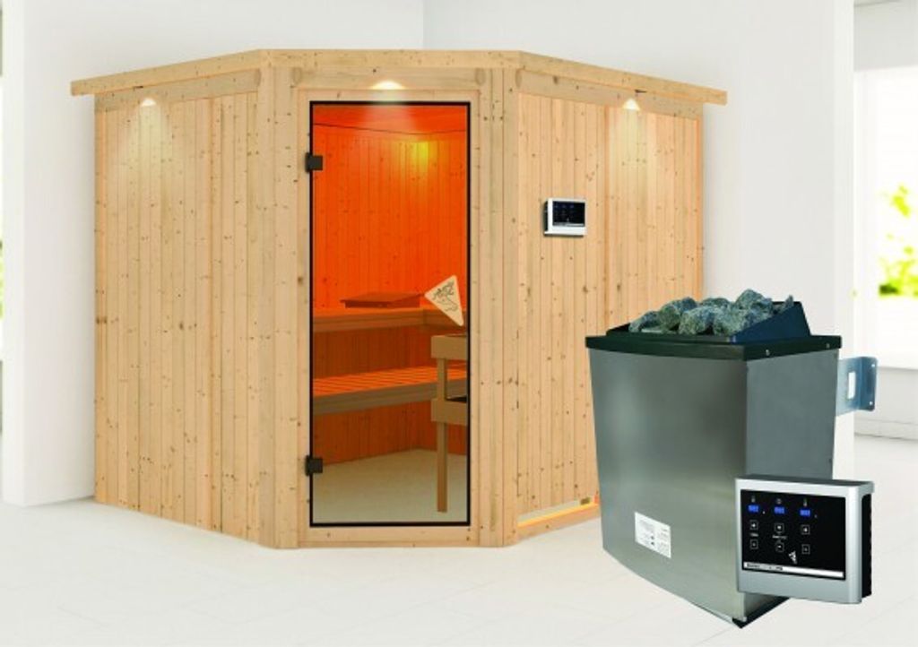 Karibu Sauna Innensauna Malin Eckeinstieg Ofen 9 KW externe Strg easy 245x210x202 cm mit Dachkranz mit Bronzierte Tür