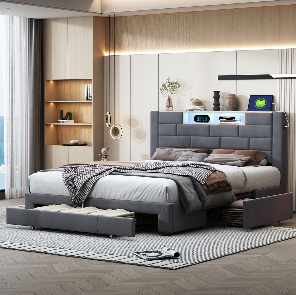 Fortuna Lai Polsterbett 140x200 cm mit 3 Schubladen, Kopfteil mit Stauraum, Doppelbett Jugendbett LED & USB, Samt, Grau