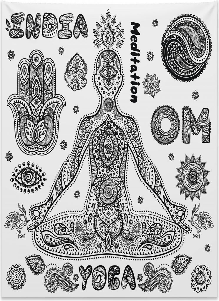 Abakuhaus Yoga Wandteppich, Kunstvolle Hamsa Hand aus Weiches Mikrofaser Stoff Kein Verblassen Klare Farben Waschbar, 110 x 150 cm, Weiß und Schwarz
