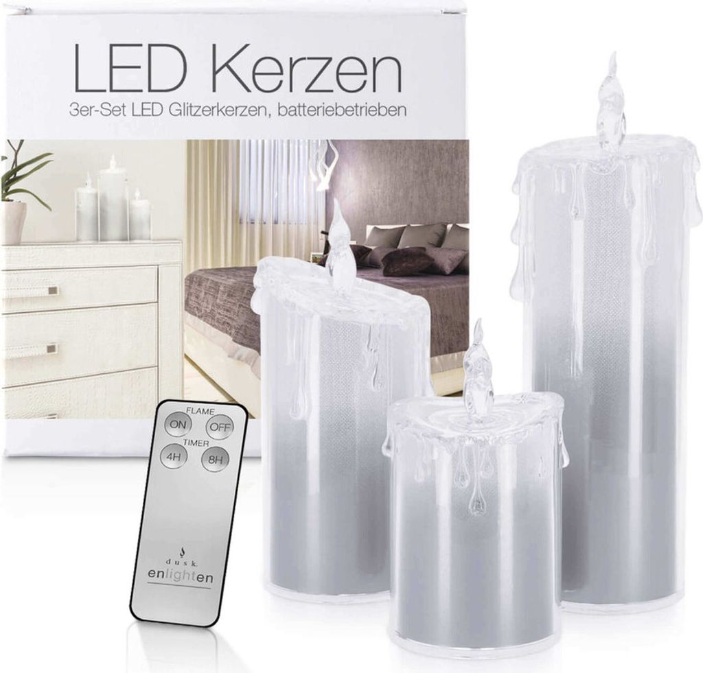 LED Acryl Glitzer Kerze Silber 3er Set"Liza" inkl. Fernbedienung und Timer
