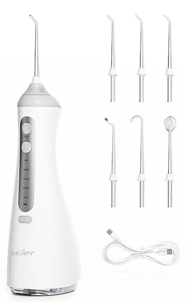Elektrischer Wasserflosser - Munddusche - Tragbar - Wiederaufladbar - 300–499 ml Wassertank - 4+ Modi - 5+ Düsen - Puls 1200–1599/min - Weiß