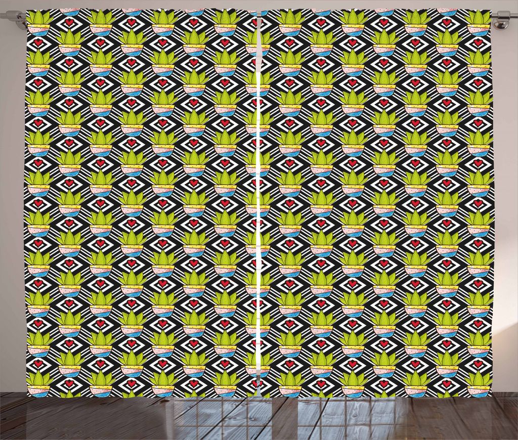 ABAKUHAUS Kaktus Rustikaler Gardine, Pflanzen Töpfe Love Theme, Schlafzimmer Kräuselband Vorhang mit Schlaufen und Haken, 280 x 245 cm, Mehrfarbig