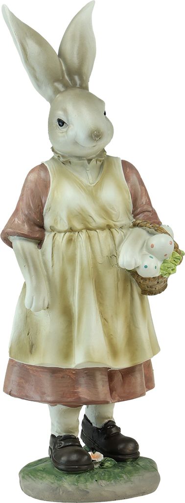 Osterdeko Polyresin Hasenfrau mit Korb und Ostereiern, Ländliche Osterfigur im Vintage-Look, Frühlingsdeko H37 cm