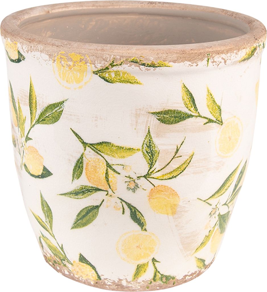 A ceramic pot with a lemon pattern.