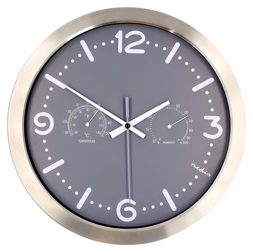 Nedis, Analoge Wanduhr 30x30 cm leise mit Thermometer Hygrometer, Grau