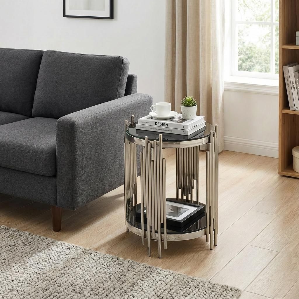 okwish Kleiner Couchtisch Beistelltisch mit Stauraum und Doppelglas Top Runder Sofatisch Kaffeetisch mit silberfarbenem Stahlgestell Für Wohnzimme...