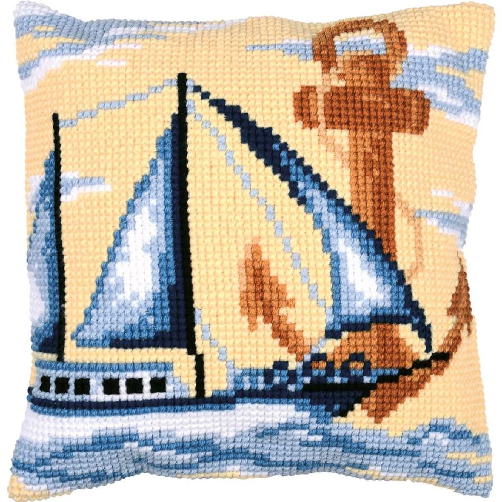 Vervaco Kreuzstichkissen "Segelboot", Stickbild vorgezeichnet, 40x40cm