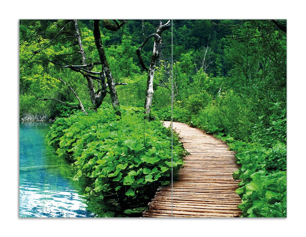 Wallario Herdabdeckplatte aus Glas, Größe 70 x 52 cm 2-teilig, Motiv Holzweg im Wald