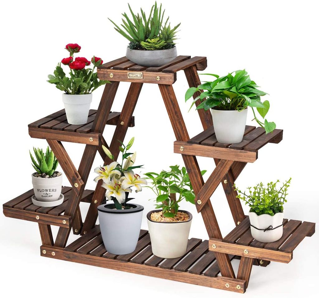 GOPLUS Pflanzenregal mit 6 Ablagen, mehrstöckige Blumentreppe, Holz, Pflanzentreppe Blumenständer für Garten Balkon, Blumenleiter mit großem St...