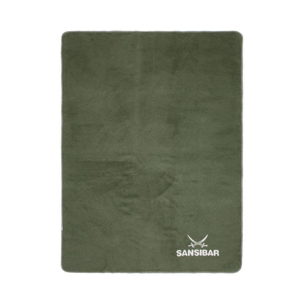 A green blanket is shown flat on a white background.