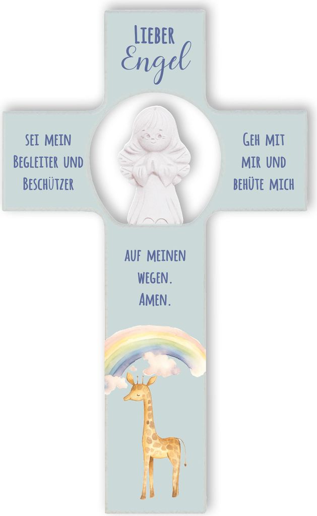 FRITZ COX Engelkreuz "Sei mein Begleiter" | Holzkreuz mit einfacher Aufhängung | kindliche Symbole: Regenbogen, Giraffe und Schutzengel | 20cm blau