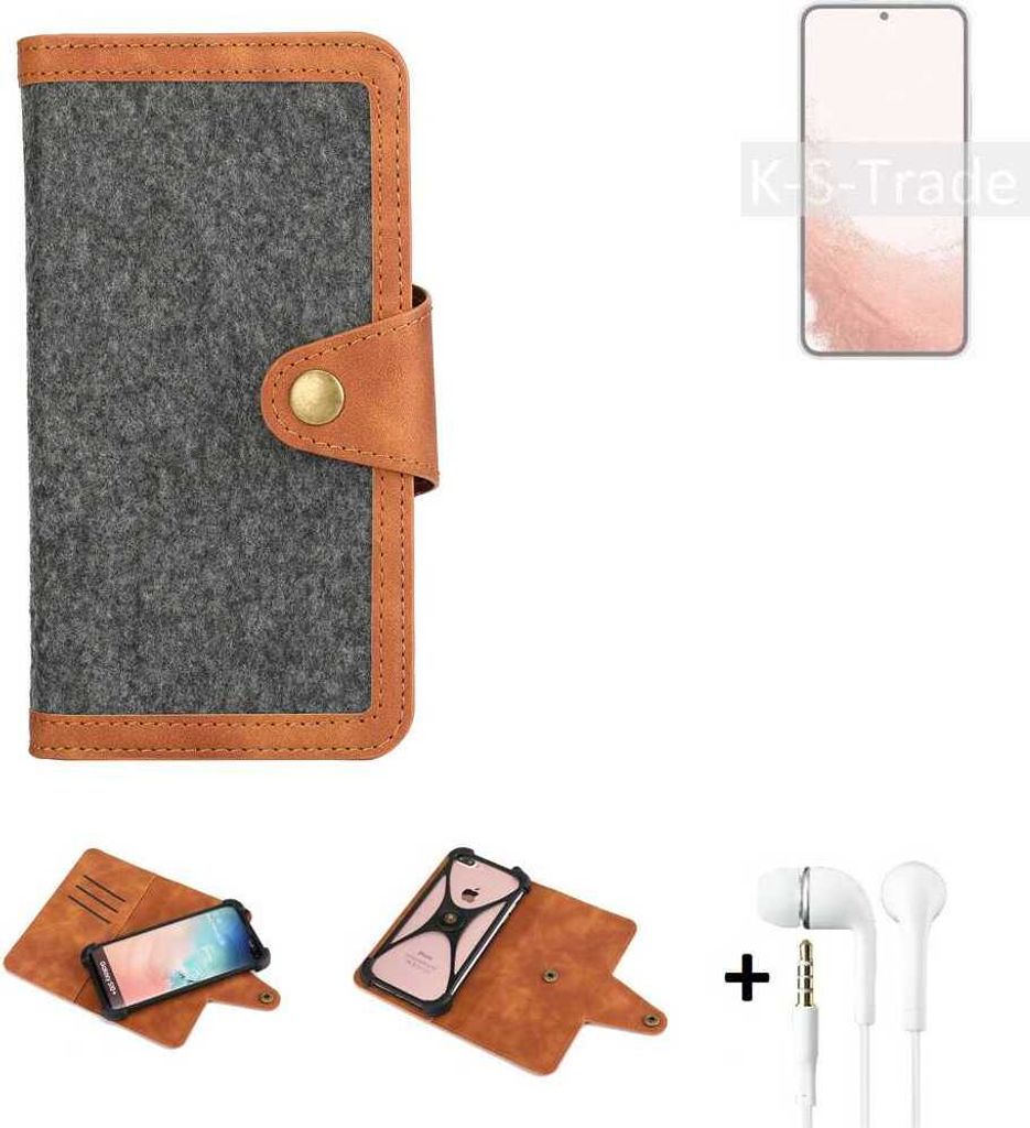 K-S-Trade Handyhülle + Kopfhörer kompatibel mit Samsung Galaxy S22 Exynos Schutzhülle Filzhülle Kunstleder dunkelgrau braun (1x)