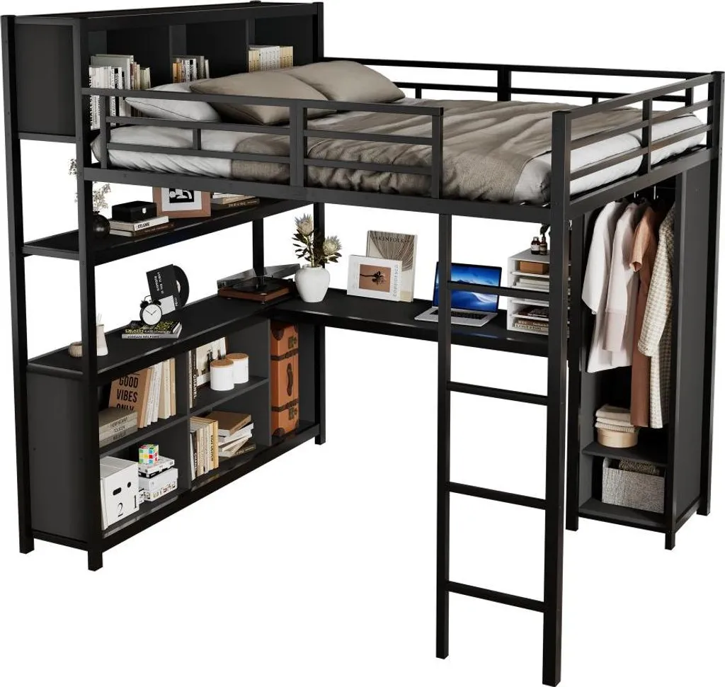 Lit surélevé noir 140x200 structure fer avec armoire de rangement intégrée - 8