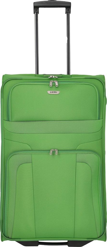 A green suitcase with a retractable handle against a white background.