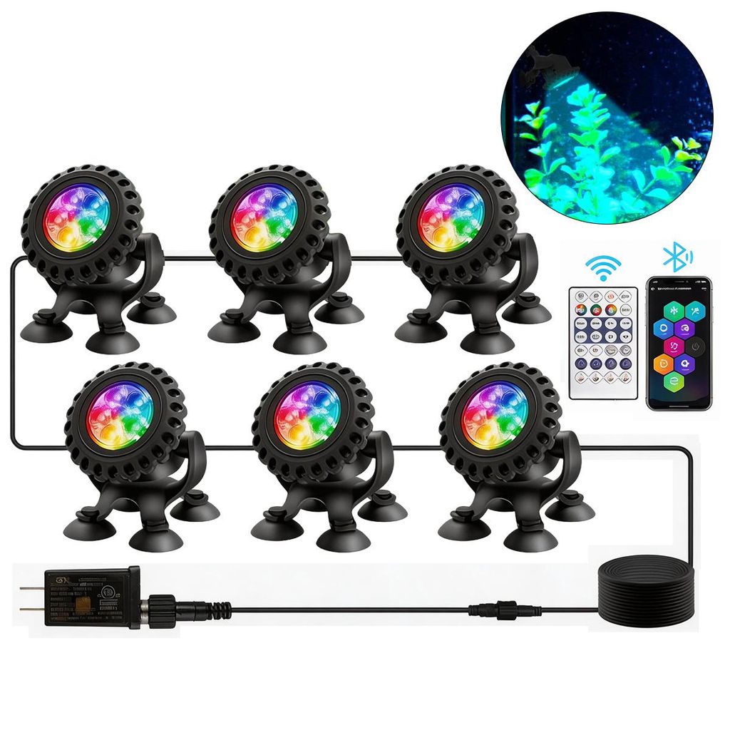 LED Unterwasser-Teichlichter, 6er Set, RGB Farbwechsel mit App & Fernbedienung, Timer & Musikmodus, 50.000h, ideal für Teich, Garten, Brunnen