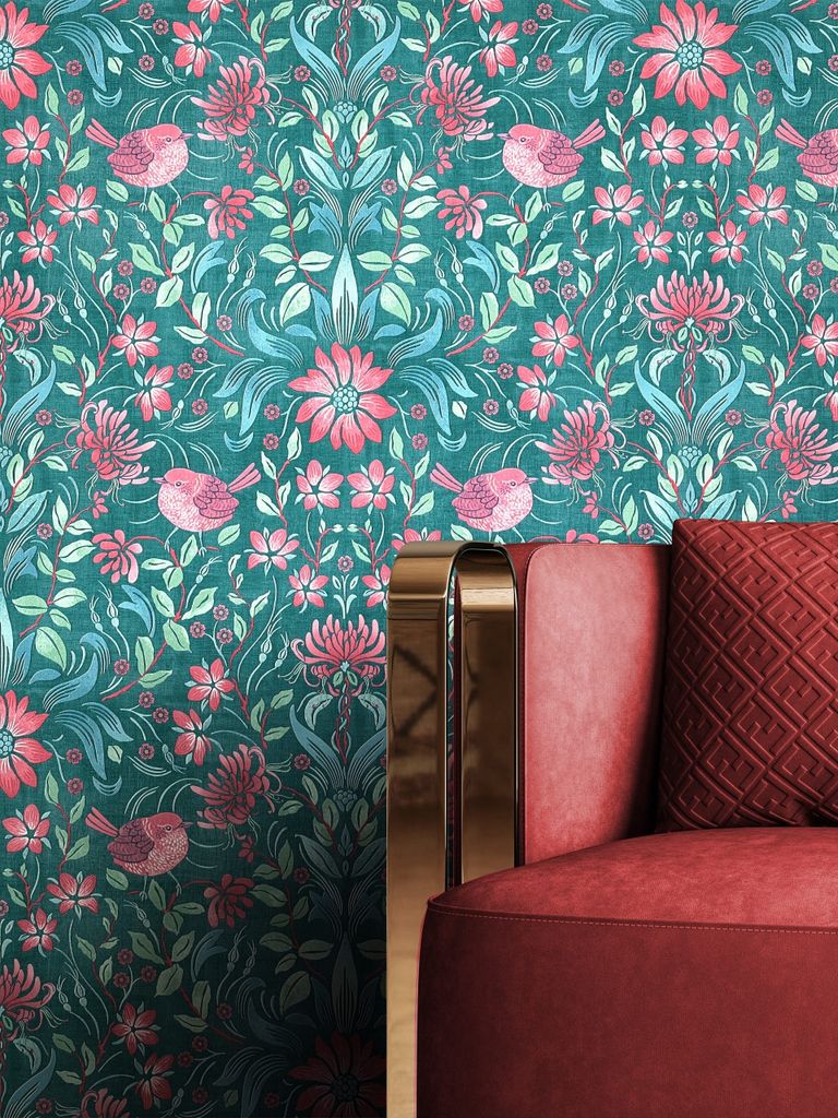NEWROOM Tapete Grün Vliestapete Blumen - Vintage Floral Petrol Rot Blätter Vögel Blumentapete Romantisch Blumenmuster