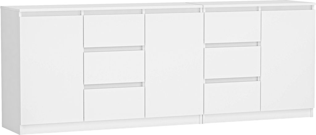 A white sideboard or dresser with multiple drawers and doors, set against a plain white background.