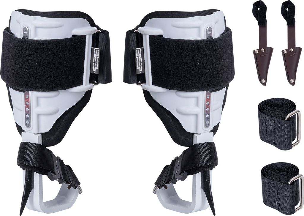A pair of white and black aluminum climbing spurs with straps and spike protectors, along with two additional straps, are displayed against a white background.