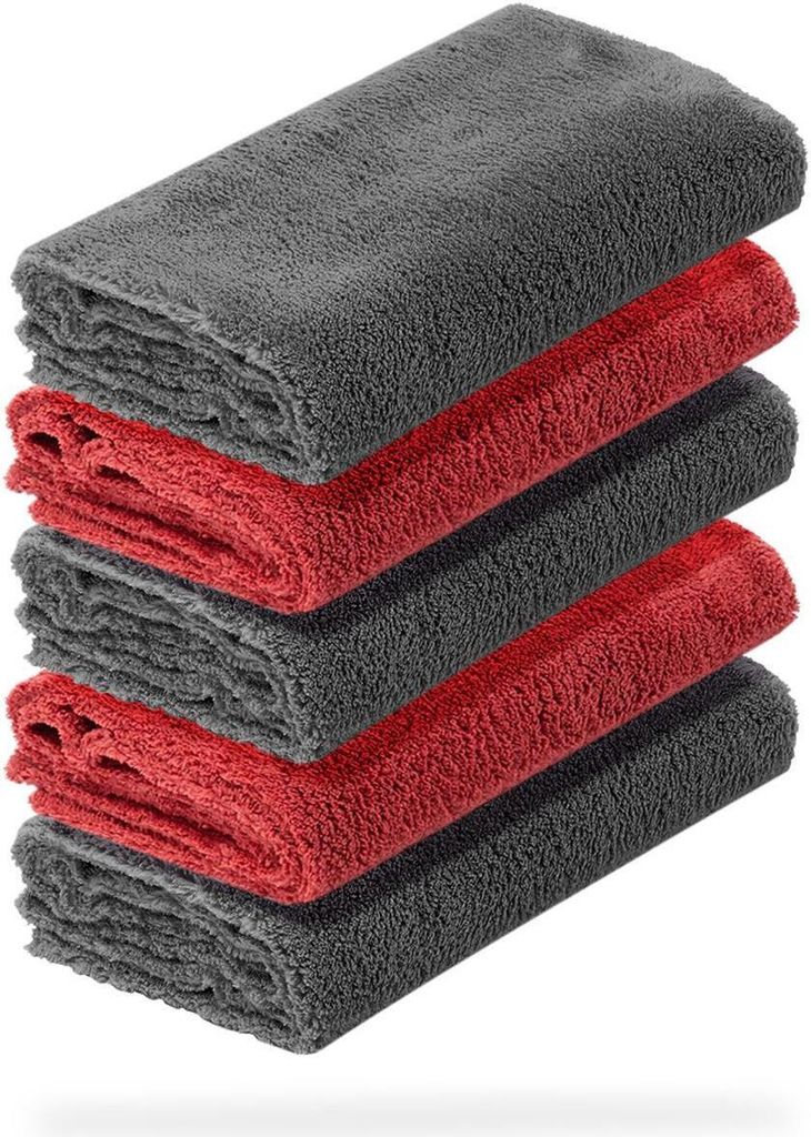 detailmate 5er Set Mikrofasertücher - 40x40cm, 550 GSM - Mikrofaser Poliertücher 3x grau, 2x rot