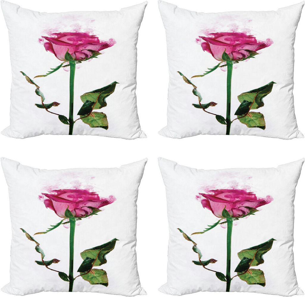 ABAKUHAUS Vintage Rose Kissenbezug Set (4 Stück), Einzelne Blume Ast, Moderner Doppelseitiger Digitaldruck, 45 cm x 45 cm, Farn-Grün Pastellrosa