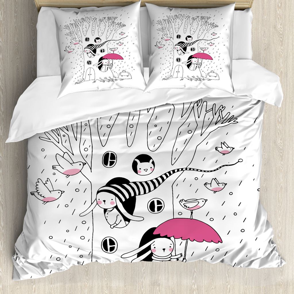 ABAKUHAUS Magie Bettbezug, Vögel Kaninchen Baum Rainy, Milbensicher Allergiker geeignet mit Kissenbezügen, 155 cm x 220 cm - 80 x 80 cm, weiß Rosa