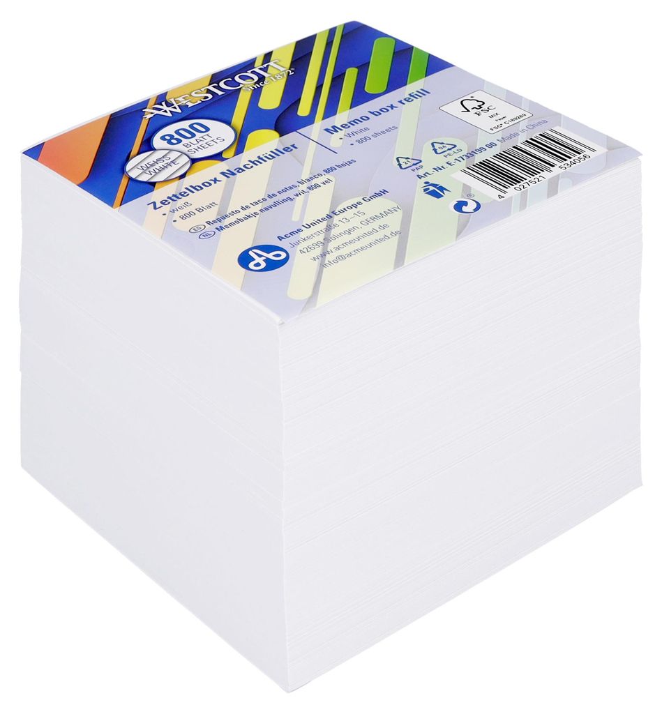 Westcott Notizzettel weiß 800 Blatt Nachfüllpack | Notizblock mit 9 x 9 cm großen Blättern in weiß | Nachfüllset für Spenderbox |es Papier 8...