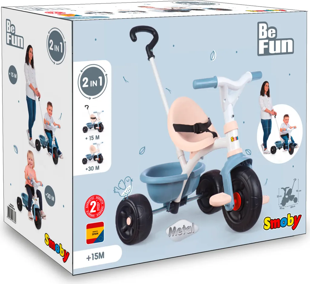 Tricycle Smoby Be Fun Bleu : Siège Réglable et Canne Parentale Stable