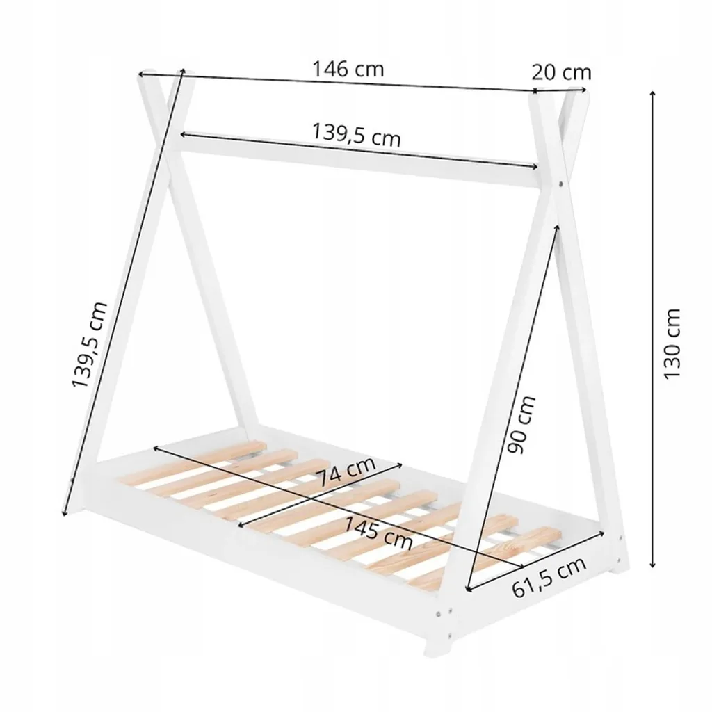 Lit Cabane Tipi en Bois pour Enfant 70x140x130 cm avec Sommier Inclus