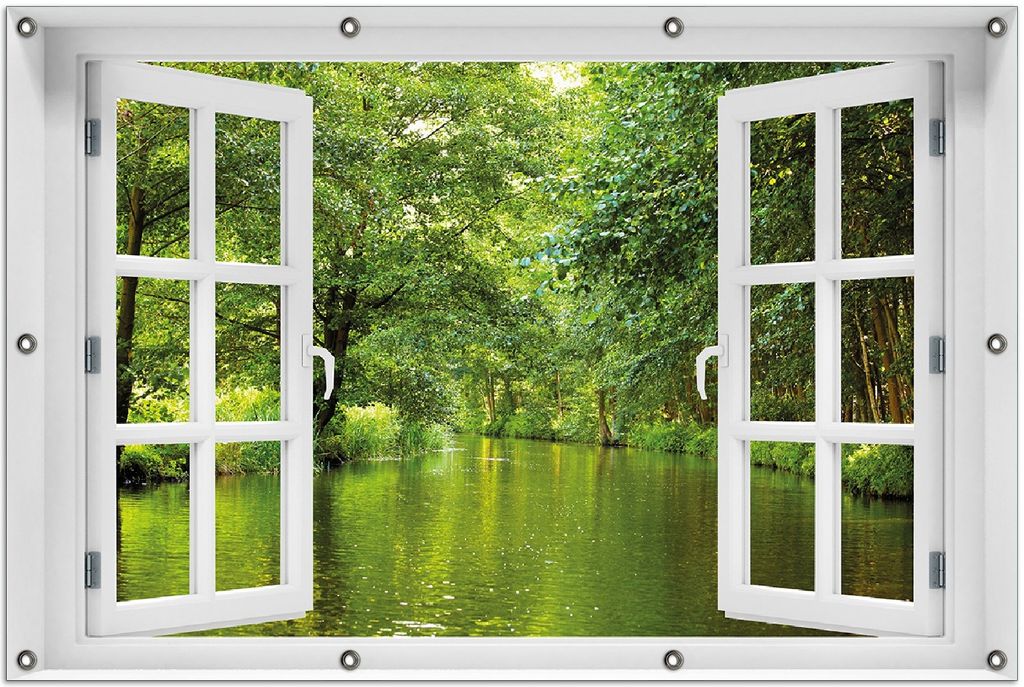 Wallario Outdoor-Poster für Garten oder Balkon 100 x 150 cm: Spreewald in Brandenburg grüne Wälder und Spiegelungen im Wasser