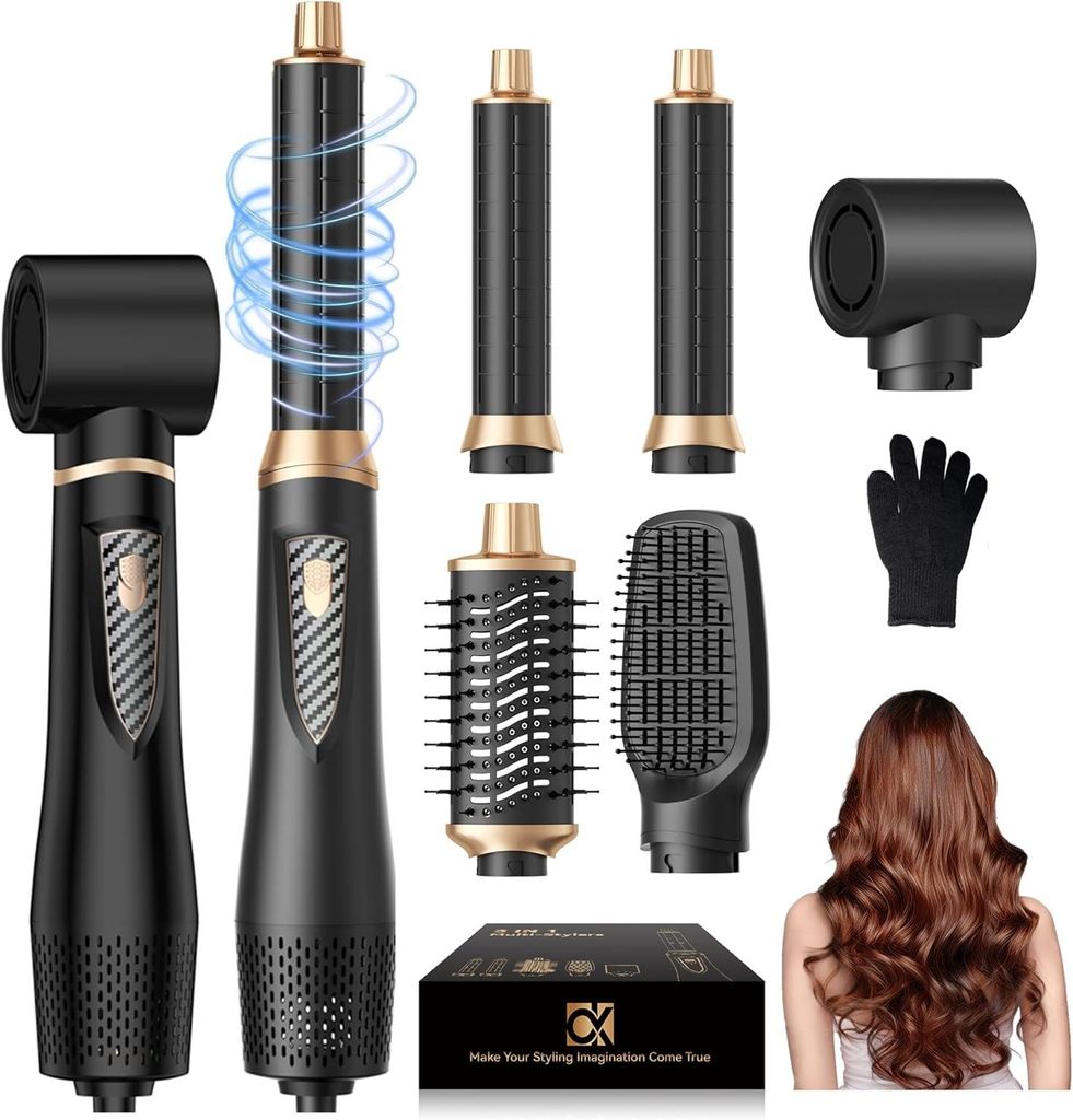 5-in-1 Airstyler Föhnbürste Set mit Ionen Haartrockner, 32mm Warmluft Lockenstab Wrap, Glättbürste und Volumenbürste, 1000W Hairstyler mit 3 S...