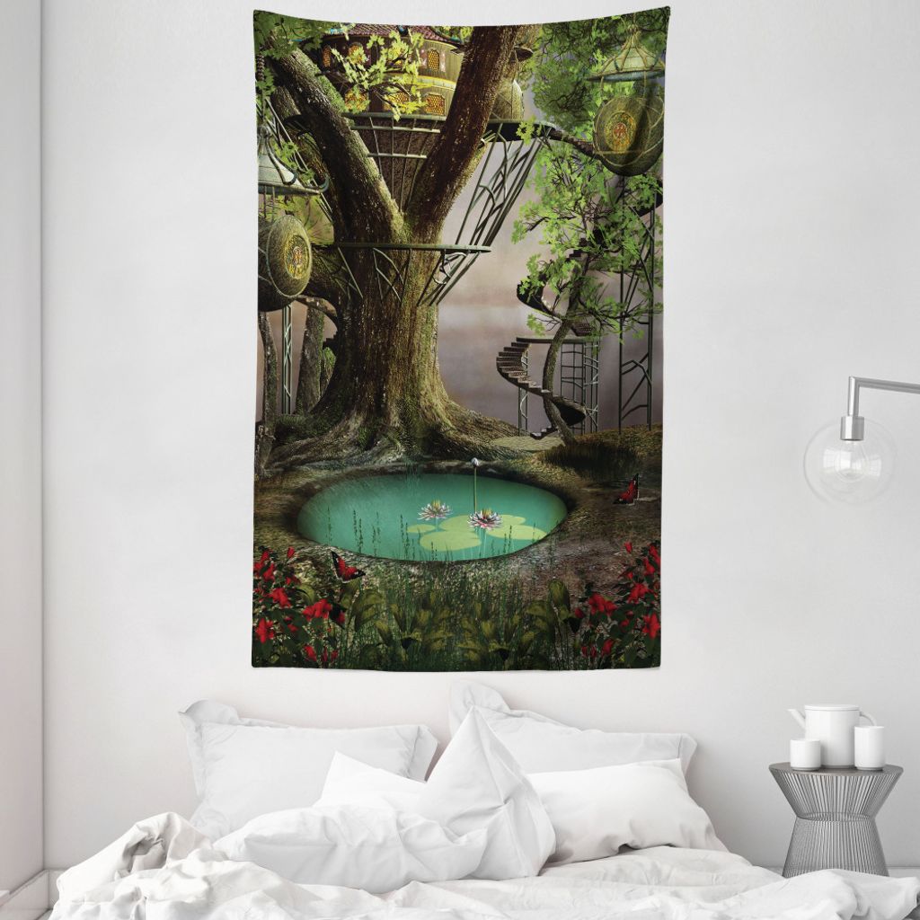 ABAKUHAUS Baum Wandteppich und Tagesdecke, Enchanted Baum Fort Pond aus Weiches Mikrofaser Stoff Waschbar ohne Verblassen Digitaldruck, 140 x 230 c...
