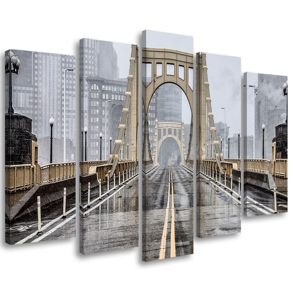 5-teiliges leinwandbild brooklyn-brücke new york 150x100 cm Feeby beige wandbild bereit zum aufhängen