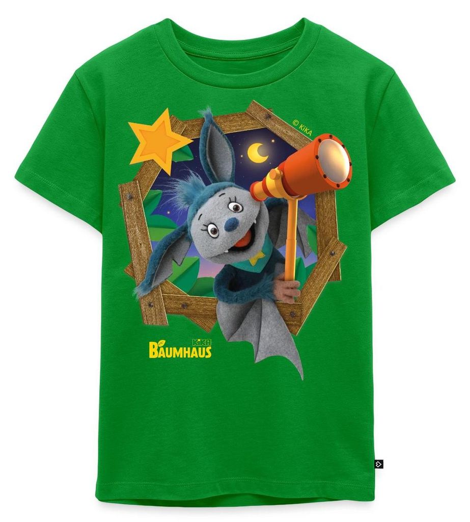 Spreadshirt KiKA-Baumhaus Mit Fidi Guckt Aus Dem Fenster Kinder Premium T-Shirt, 134/140 (8 Jahre), Grün