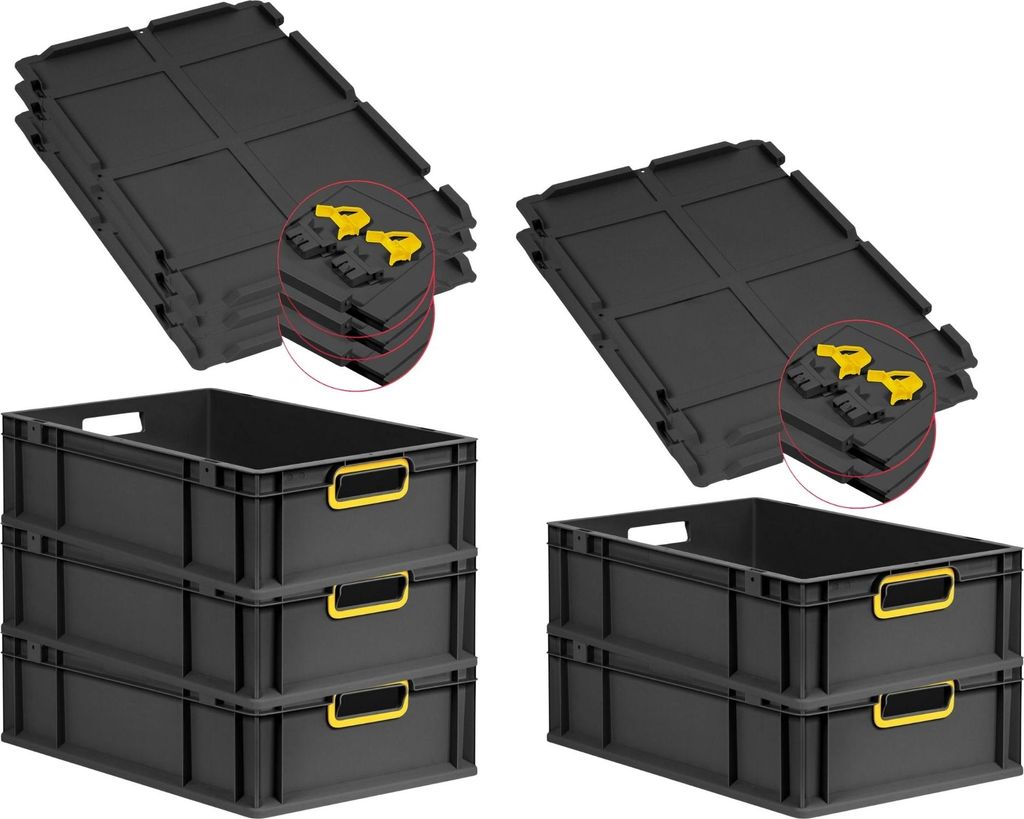 SuperSparSet 5x Eurobox NextGen Color mit Scharnierdeckel und Schiebeschnappverschlüssen | HxBxT 17x40x60cm | 34 Liter | Schwarz | Griffe gelb off...