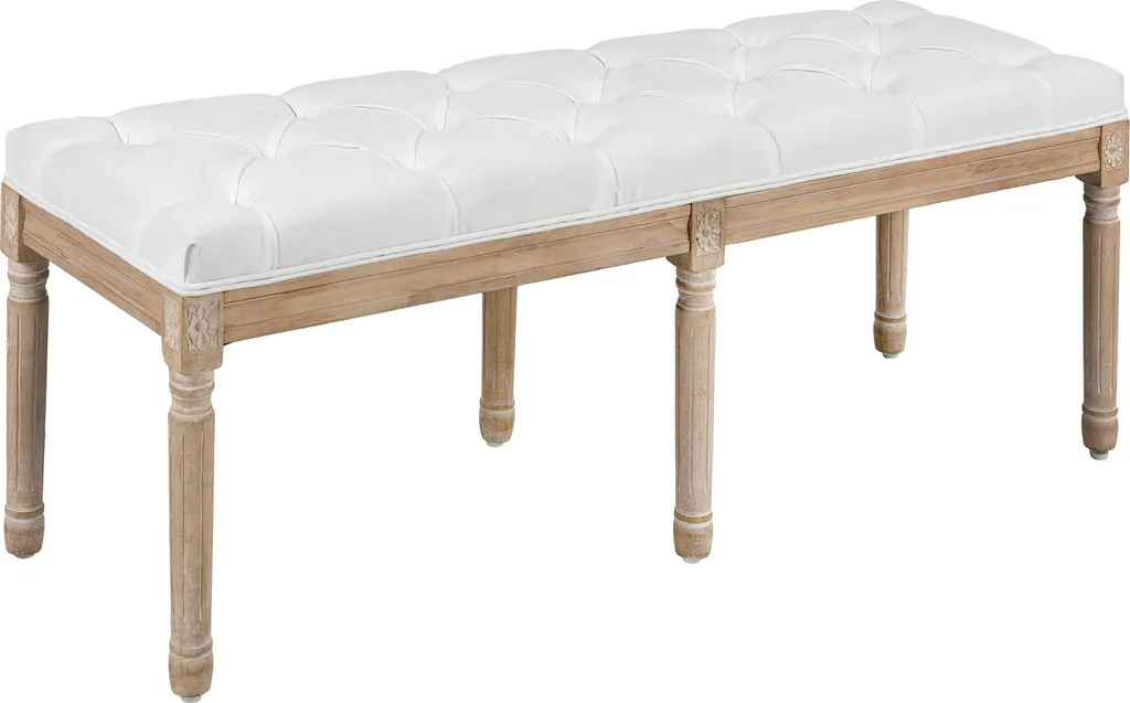 Assise bout de lit vintage crème, banquette tissu lin pour chambre cosy