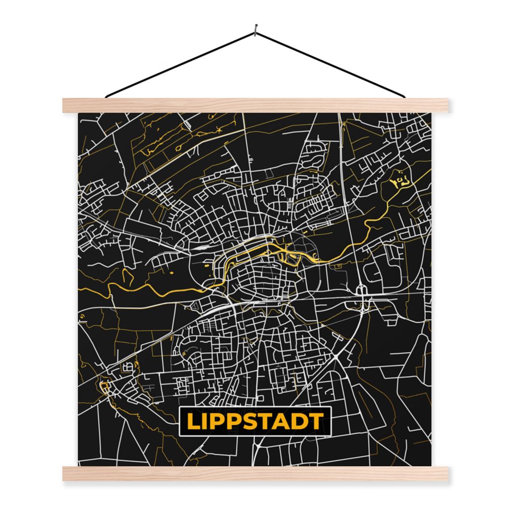 MuchoWow Textilposter Schwarz und Gold - Stadtplan - Lippstadt - Deutschland - Karte 60x60 cm mit holzfarbenen Rahmen - Wanddekoration