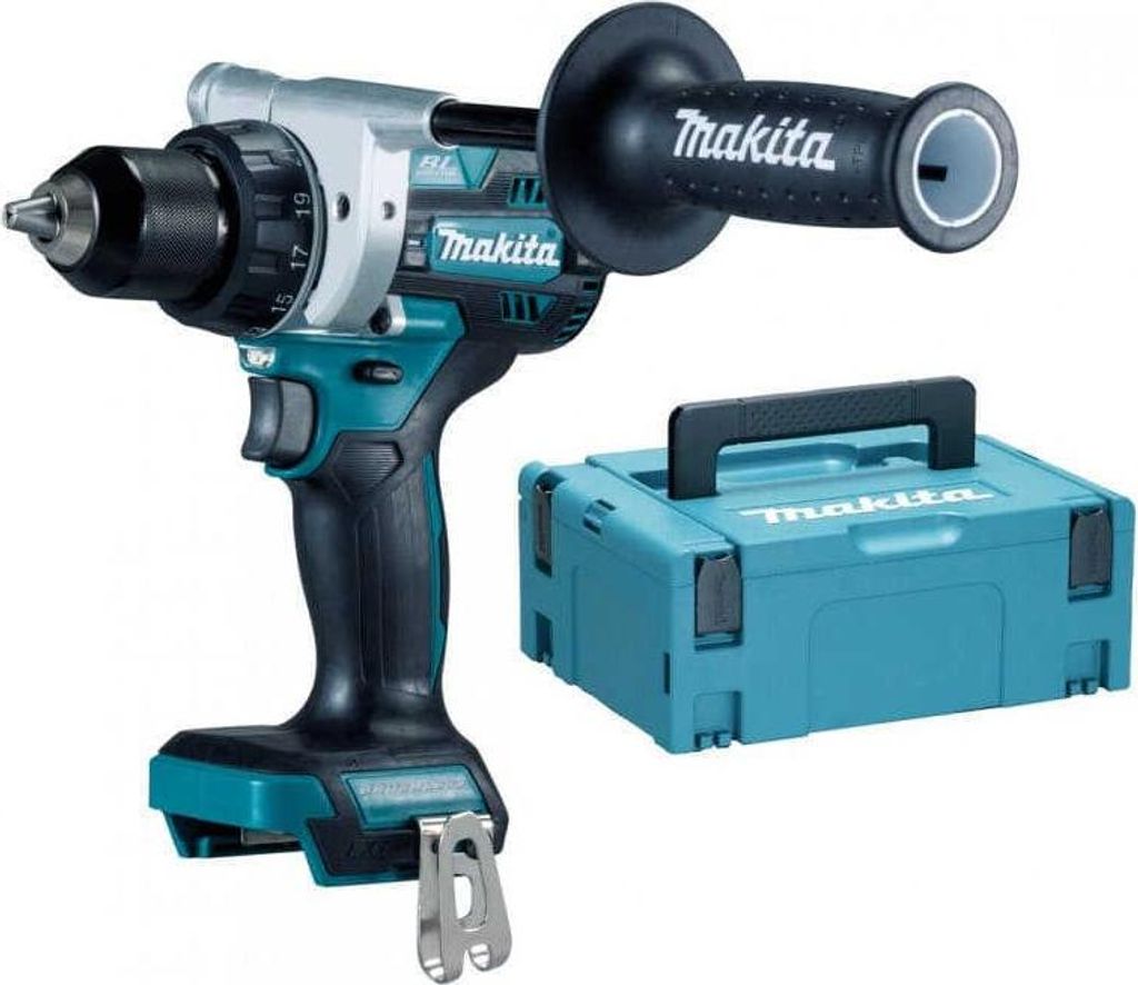A cordless drill and its storage case are shown against a white background.