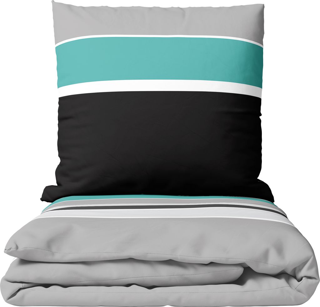 Baumwolle Bettwäsche Set 135x200 cm 80x80 cm Grau Petrol Gestreift mit Reißverschluss