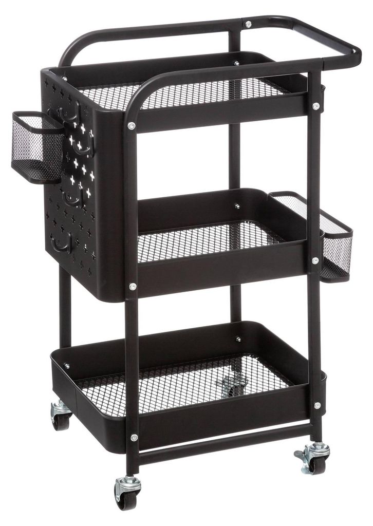 A black three-tiered rolling cart with mesh shelves and side baskets.