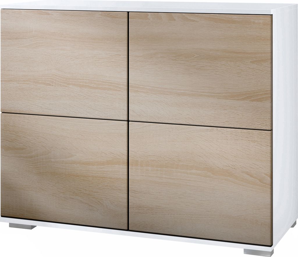 Vladon Kommode Rova V3, Moderner Küchenschrank mit 4 Push-to-Open Türen Weiß matt / Eiche sägerau (92,5 x 75.5 x 35)