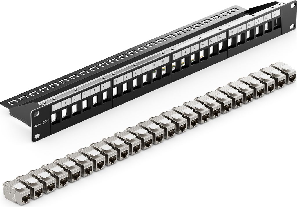 deleyCON 24 Port CAT7 Patchpanel SET Patchfeld Verteilerfeld Modular 1 HE 19" Zoll Rackeinbau + 24x CAT 7 Keystone Module RJ45 LAN Netzwerk 10 Gbit...