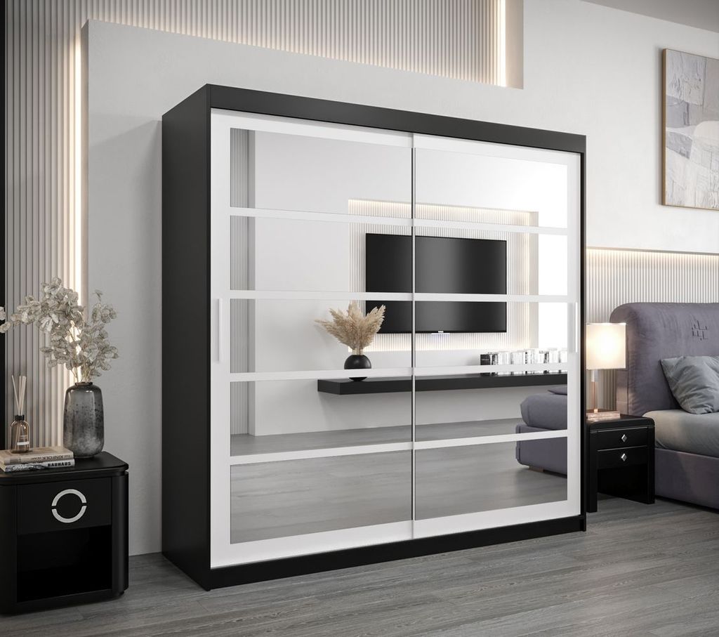 Kleiderschrank JOHANA – Breite 200 cm, schwarz/weiß