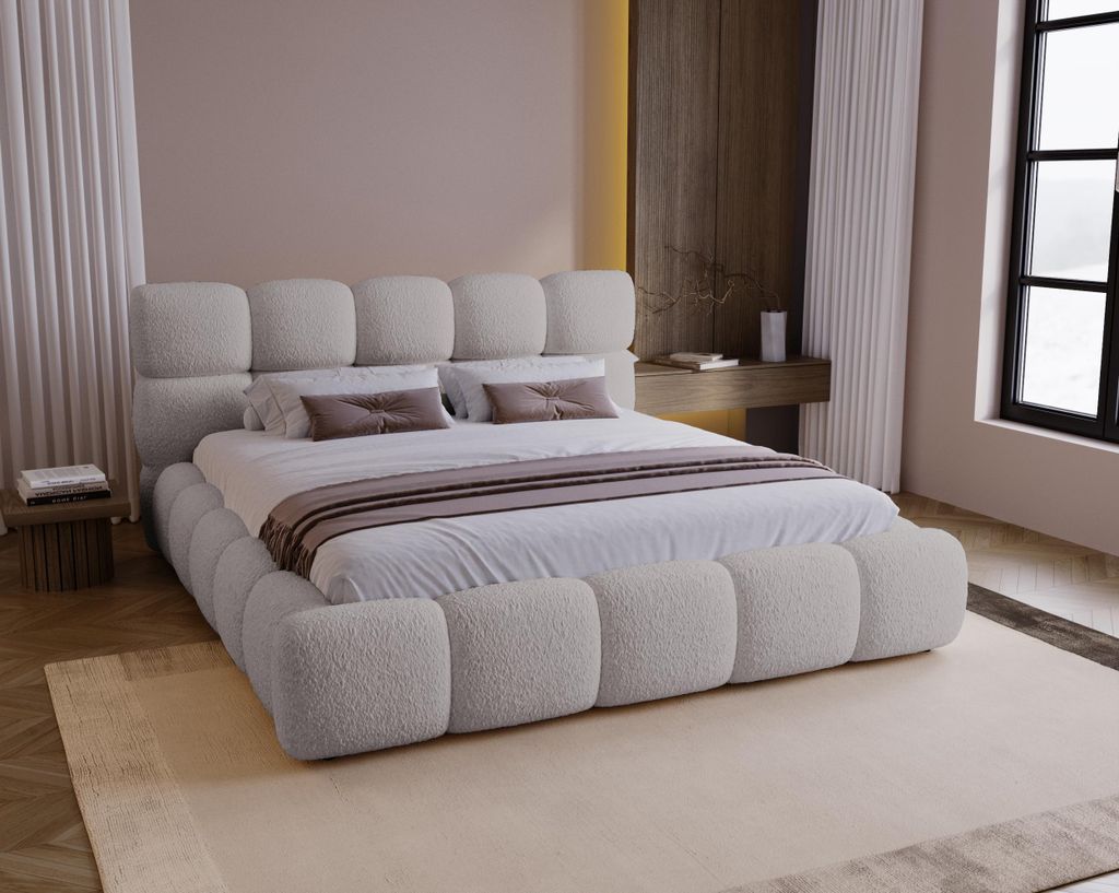 BESILIO Polsterbett 140x200 Bouclé Boston – Bett mit Bettkasten und Lattenrost, modernes Stauraumbett aus dickem Schaumstoff – Hellgrau
