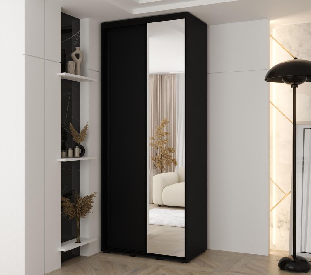MINIO go for it, Kleiderschrank VADO, 100x235,2x45 cm, 2 Schiebetüren (1 Spiegel), 6 Einlegeböden, 2 ausziehbare Metallstangen, Schwarz Matt