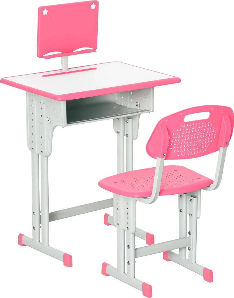 Bureau enfant rose réglable en hauteur avec bibliothèque et grand tiroir