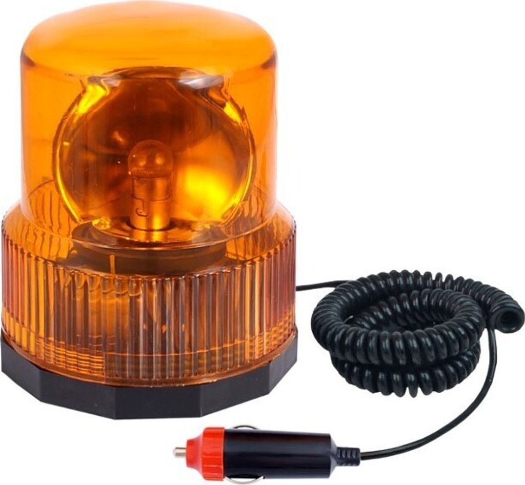 A rotating beacon light with a coiled power cord and a car adapter.