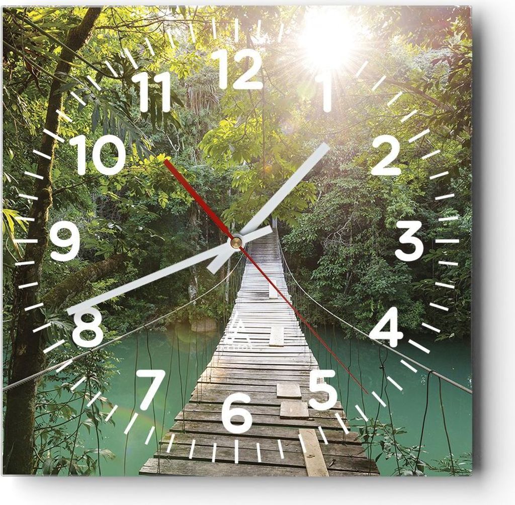 Wanduhr - Quadrat - Glasuhr - Brücke Seil Dschungel - 30x30cm - Schleichendes Uhrwerk - Lautlos - zum Aufhängen bereit - Dekoration Modern - Wand...