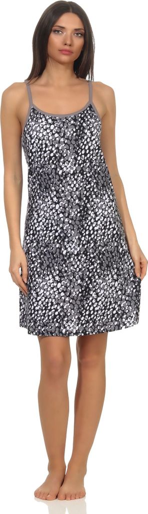 Ärmelloses Damen Spaghetti Nachthemd in Tupfen / Animal Print Optik - auch in Übergrössen ; grau , 56